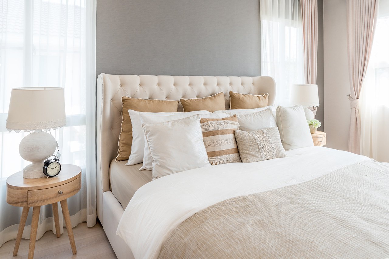 Bedroom in soft light colors at Willington Lakes Apartments in Orangeburg, SC